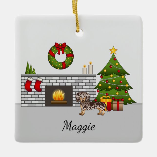 Brown och Tan Dapple Kort Hair Dachshund jul Julgransprydnad Keramik (Framsida)