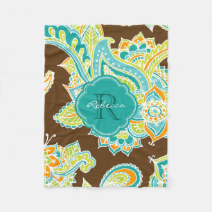 Brown och Teal Boho Paisley Monogrammed Fleecefilt
