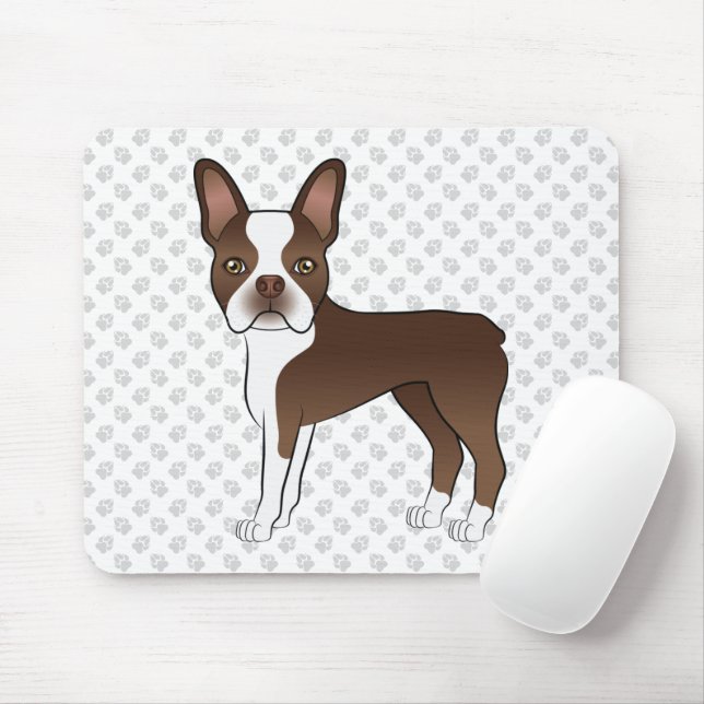 Brown och White Boston Terrier Tecknad hund & Tass Musmatta (Med mus)
