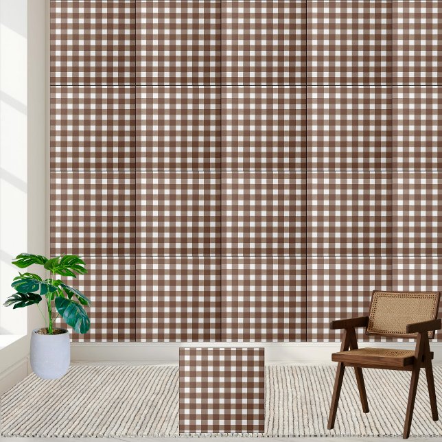 Brown och White Gingham Checkered Play Tile Kakelplatta (Brown and White Gingham Checkered Plaid Tile)