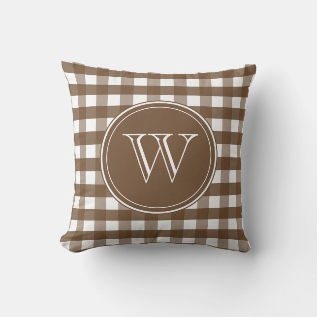 Brown och White Gingham Monogram Kudde (Framsida)