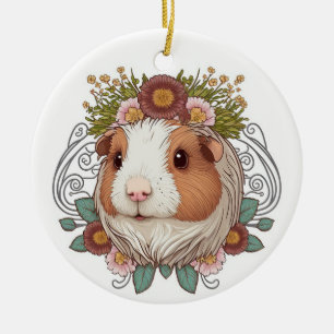 Brown och White Guinea Gris och Flowers Ceramic Or Julgransprydnad Keramik
