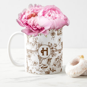 Brown och White Toile de Jouy Möhippa Coffee Kaffemugg