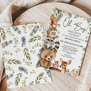 Brown Oh Boy Woodland Foliage Baby Shower Inbjudningar