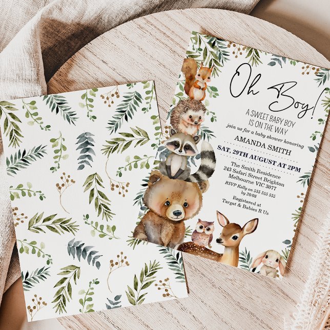 Brown Oh Boy Woodland Foliage Baby Shower Inbjudningar (Sweet woodland themed boy's baby shower invitation featuring seven cute animals and some greenery.)