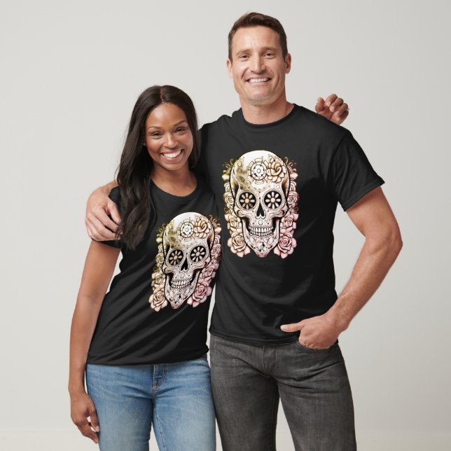 Brown On Front Green On Back Steampunk Skull Black T Shirt (Unisex)