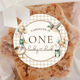 Brown One Lucky Anka Balloon 1:a födelsedagsetiket Runt Klistermärke