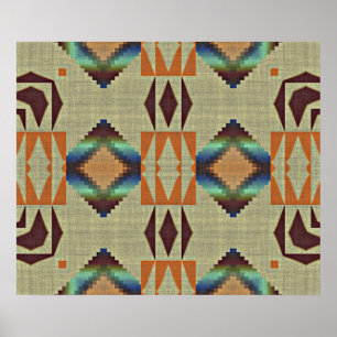 Brown Orange Teal Native Tribal Mosaic Mönster Poster