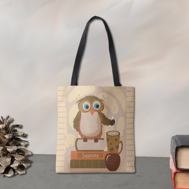 Brown Orange Uggla Teacher Tote Bag Tygkasse (Brown owl tote bag .)