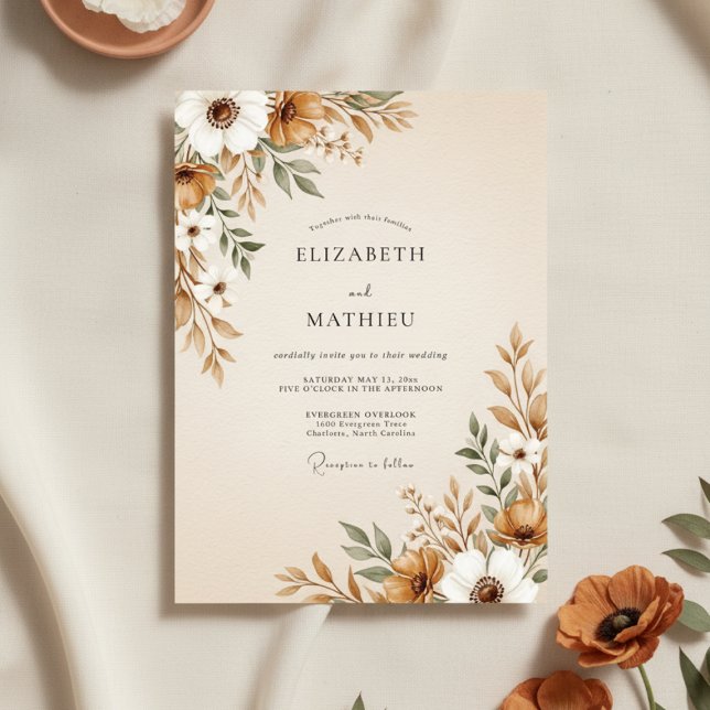 Brown Painterly Floral Flourish Wedding Inbjudningar (Skapare uppladdad)