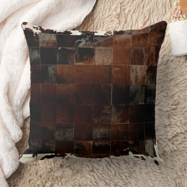Brown Patchwork Cowhide Print Western Rustic Farm Kudde (Filt)