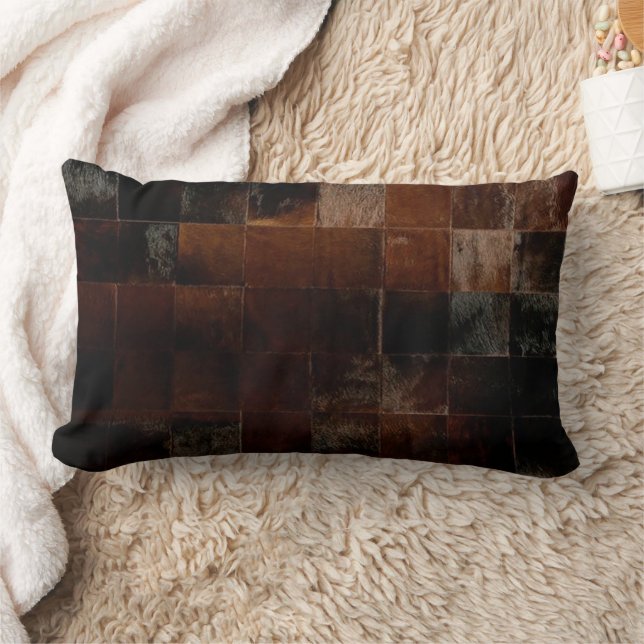 Brown Patchwork Cowhide Print Western Rustic Farm Lumbarkudde (Filt)