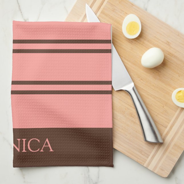  Brown Pink Stripes Script Name Kitchen Towels Kökshandduk (Vikt i Fjärdedel)