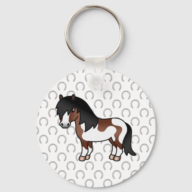 Brown Pinto Shetland Pony Tecknad Illustration Nyckelring (Framsida)