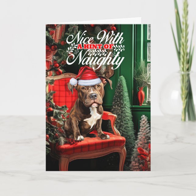 Brown Pitbull Santa Hund Naughty eller Nice-jul Helgkort (Framsida)