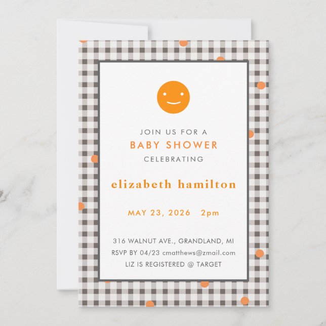 Brown Plaid & Orange Dots Baby Shower Invitation Inbjudningar (Framsida)