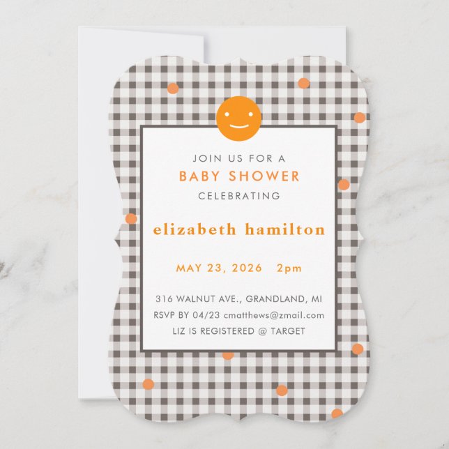 Brown Plaid & Orange Dots Baby Shower Invitation Inbjudningar (Framsida)