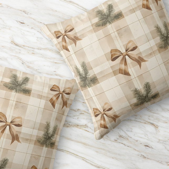 Brown Play Bow Rustic Modern Grönt Farmhouse Kudde (Brown Plaid Bow Rustic Modern Green Farmhouse Throw Pillow)