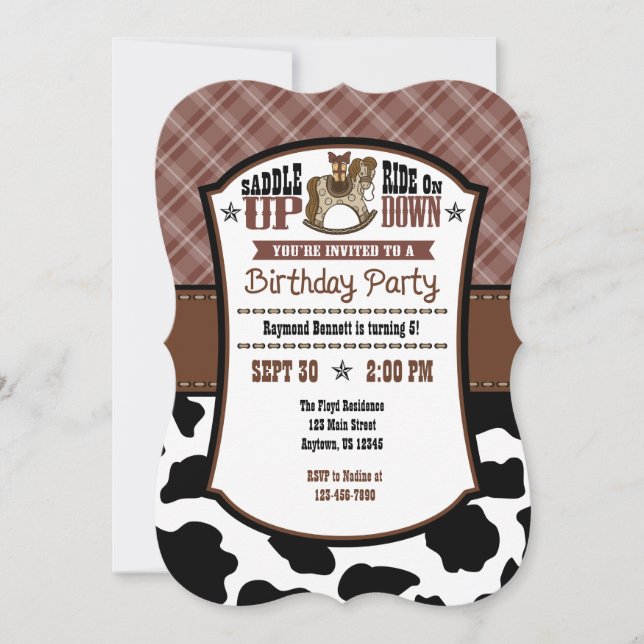 Brown Play Cowhide Cowboy Birthday Inbjudan (Framsida)
