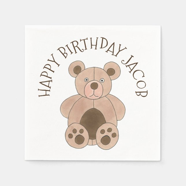 Brown Plush Leksak Nalle Mjukisdjur Birthday Pappersservett (Framsidan)