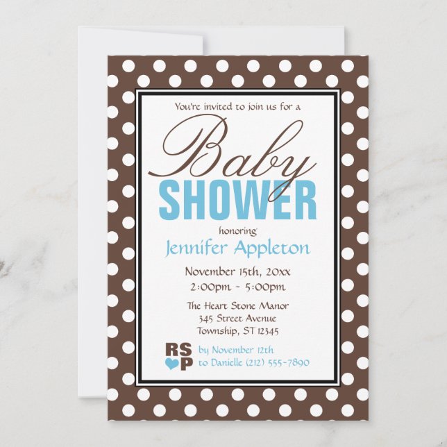 Brown Polka Dot Blue Chevron Baby Shower Inbjudningar (Framsida)