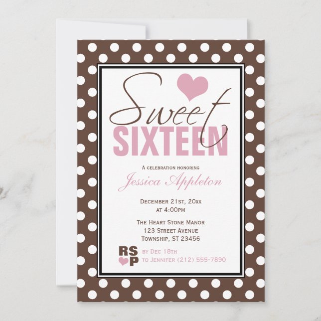Brown Polka Dot Rosa Chevron Sweet sixteen Inbjudningar (Framsida)