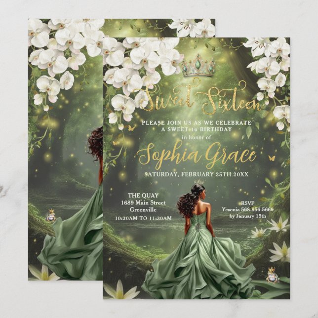 Brown Princess och Frog Sage Grönt Dress Sweet 16 Inbjudningar (Fram/baksida)