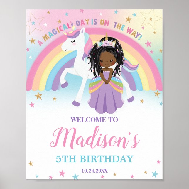 Brown Princess Unicorn Birthday Rainbow Välkommen Poster (Framsidan)
