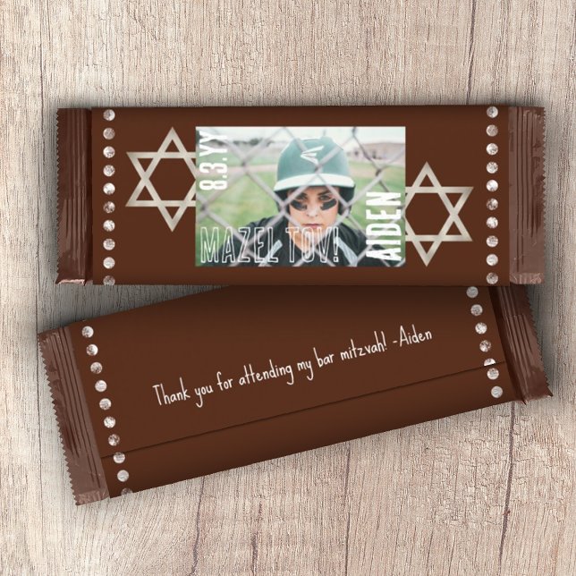 Brown Pub Mitzvah Stars budget Candy Pub Wrapper Flygblad (DIY Budget Personalized Chocolate Brown Bar Mitzvah Candy Bar Wrapper with Photo, Stars of David)