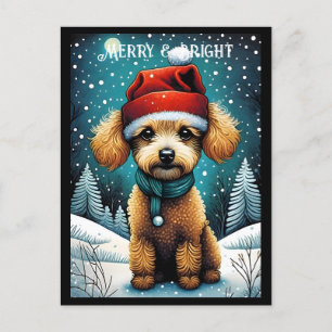 Brown Pudel Snowy Meadow Santa Puppy Helgdag Vykort