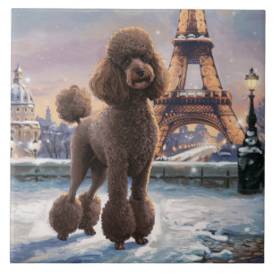 Brown Pudel Winter in Paris Painting Art Kakelplatta