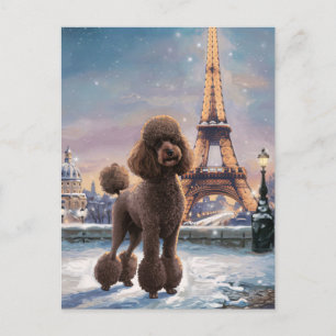 Brown Pudel Winter in Paris Painting Art Vykort