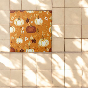 Brown Pumpkin Blommigt Höst och Fall Mönster Kakelplatta