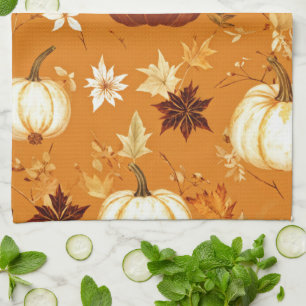 Brown Pumpkin Blommigt Höst och Fall Mönster Kökshandduk
