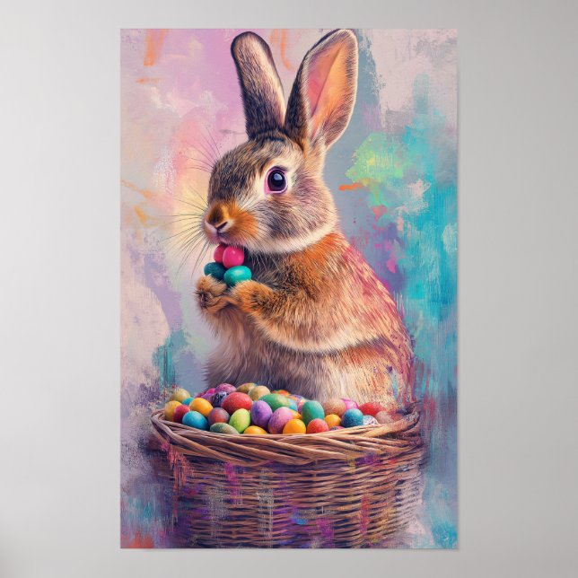 Brown rabbit eating Easter candy eggs vertical Poster (Framsidan)