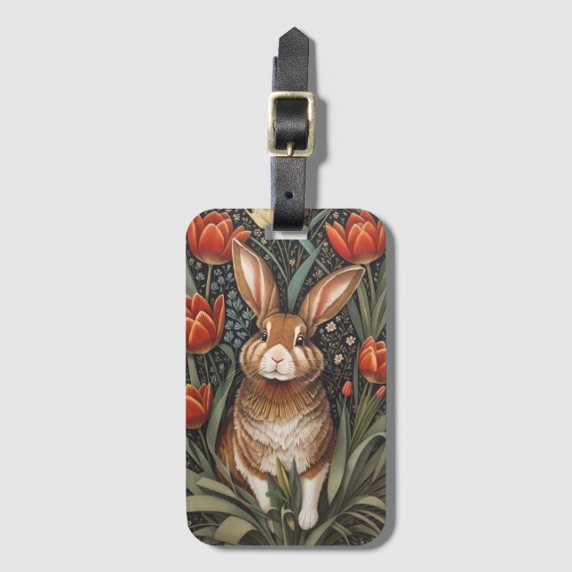Brown Rabbit Red Tulips William Morris Inspired Bagagebricka (Framsida vertikal)