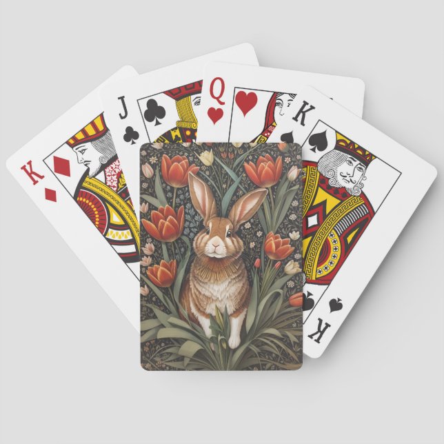 Brown Rabbit Red Tulips William Morris Inspired Casinokort (Baksidan)