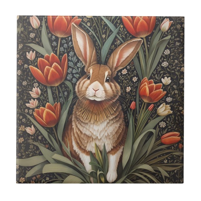 Brown Rabbit Red Tulips William Morris Inspired Kakelplatta (Framsidan)