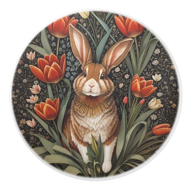 Brown Rabbit Red Tulips William Morris Inspired Knopp (Framsidan)
