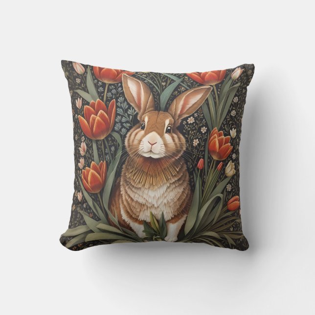 Brown Rabbit Red Tulips William Morris Inspired Kudde (Framsida)