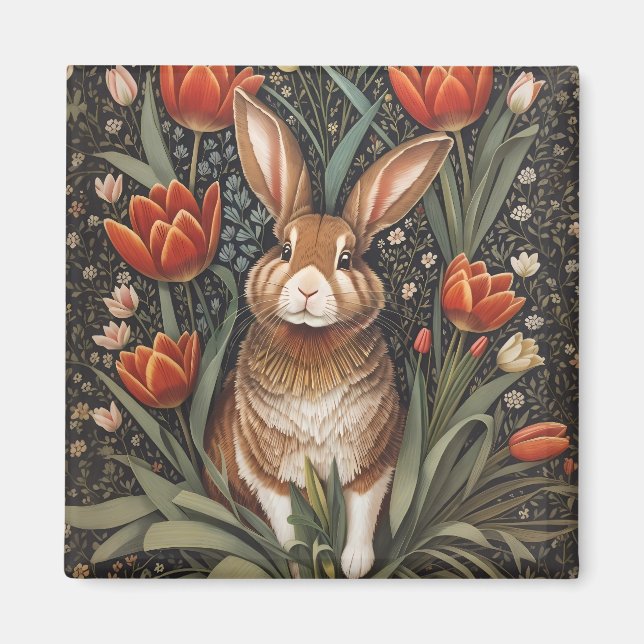 Brown Rabbit Red Tulips William Morris Inspired Magnet (Framsidan)