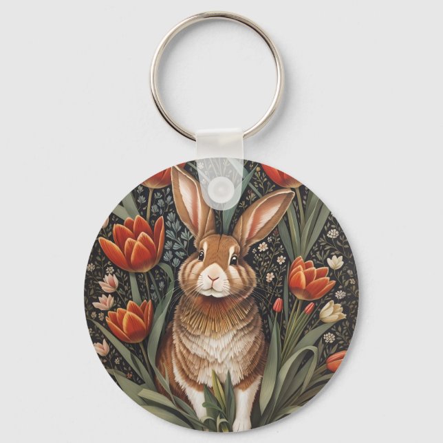 Brown Rabbit Red Tulips William Morris Inspired Nyckelring (Framsida)