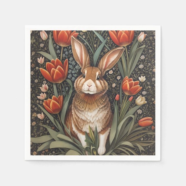Brown Rabbit Red Tulips William Morris Inspired Pappersservett (Framsidan)