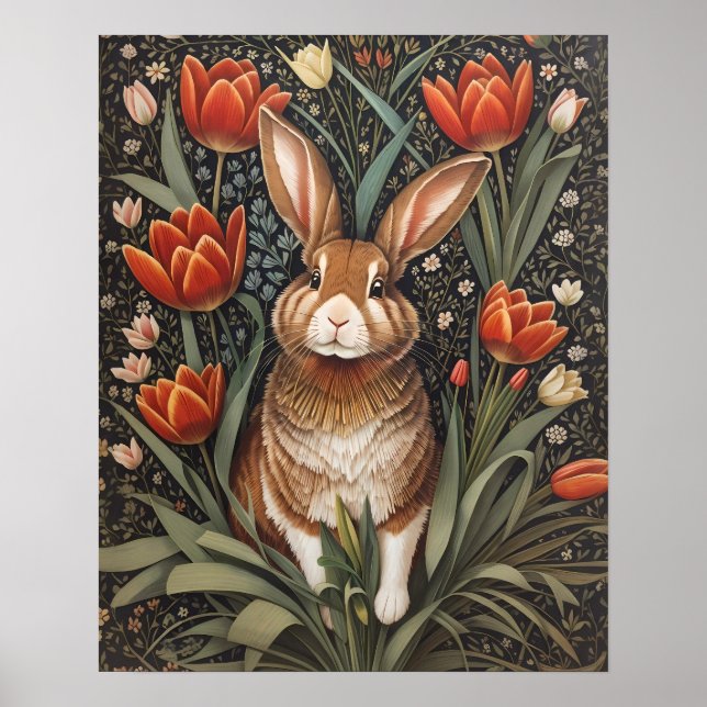 Brown Rabbit Red Tulips William Morris Inspired Poster (Framsidan)