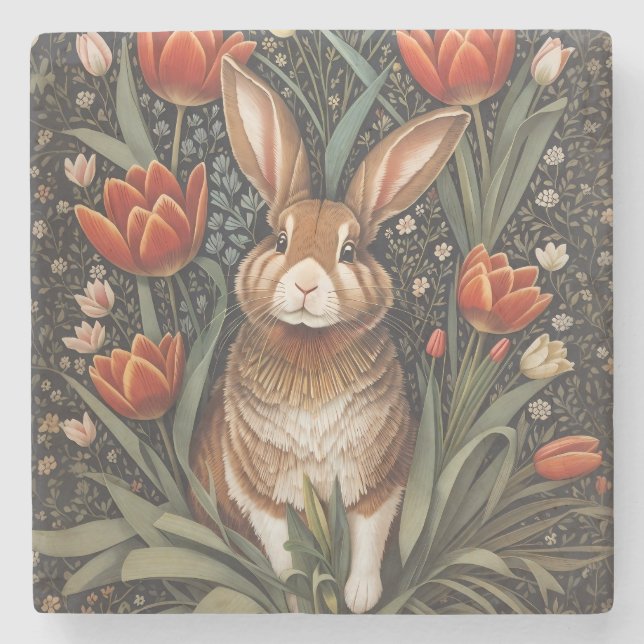 Brown Rabbit Red Tulips William Morris Inspired Stenunderlägg (Framsidan)