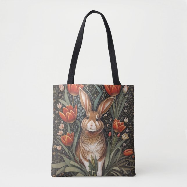 Brown Rabbit Red Tulips William Morris Inspired Tygkasse (Framsida)