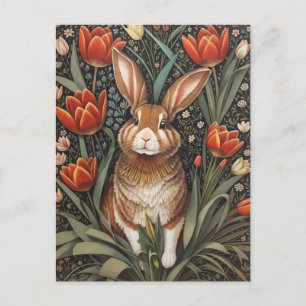 Brown Rabbit Red Tulips William Morris Inspired Vykort