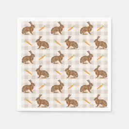 Brown Rabbits And Carrots Rustic Beige Gingham Pappersservett