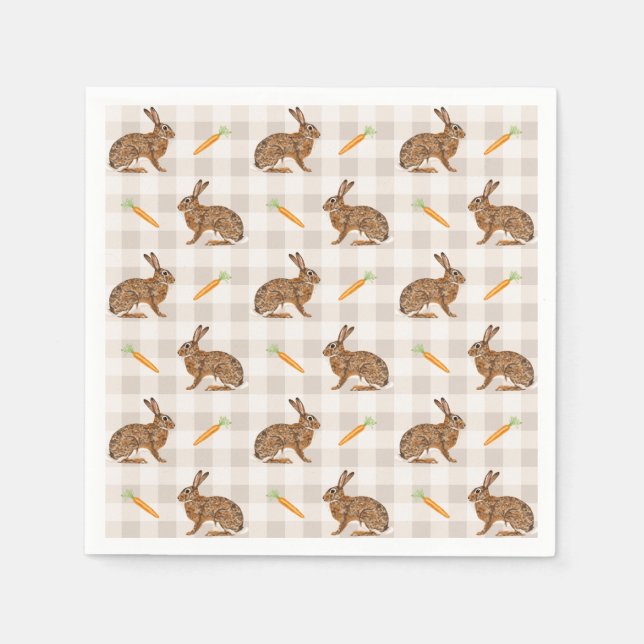 Brown Rabbits And Carrots Rustic Beige Gingham Pappersservett (Framsidan)