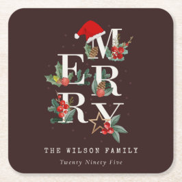 Brown Red Grönt White God jul Foliage Underlägg Papper Kvadrat